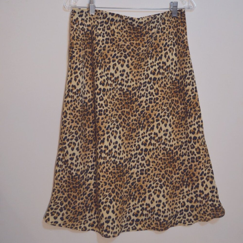 SOCIALITE USA Jaguar Prints Pattern Tan-Black-Brown Elastin Lining Flare Skirt M